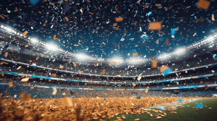 Football stadium background with flying confetti. championship concept. Generative Ai