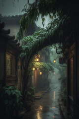 Fototapeta premium Street scene in rainy season evening in traditional Chinese ancient town