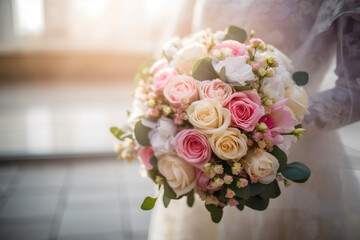 Obraz premium Wedding flower bouquet with pink and cream colored rose flowers.