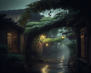 Street scene in rainy season evening in traditional Chinese ancient town