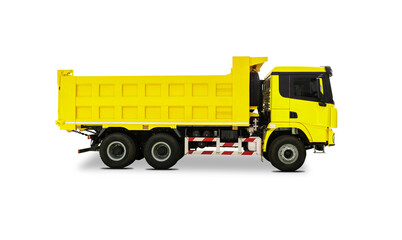 Side view of a New Yellow Dump Truck isolated over white background
