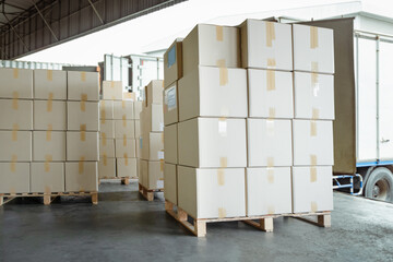 Package Boxes Stack on Pallets Loading into Cargo Container. Warehouse Dock, Distribution Supplies Shipping, Supply Chain Shipment Boxes. Freight Truck Logistic Cargo Transport.