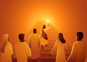 Biblical silhouette illustration series, Jesus leads the group of followers with torch to climb the stairs, Jesus is the light of the world