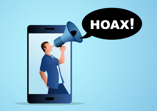 Male figure with long nose comes out from cellphone using megaphone to spread hoaxes, influencer, key opinion leaders, vector illustration