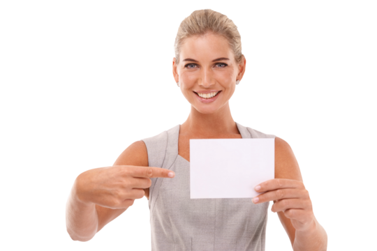 Business, mockup and portrait of woman pointing, smile and marketing manager. Entrepreneur, boss and employee with brand sign, advertising and blank poster isolated on a transparent png background