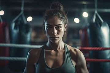 Fototapeta na wymiar A strong woman training boxing at gym. Generative Ai