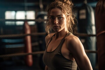 Obraz na płótnie Canvas A strong woman training boxing at gym. Generative Ai