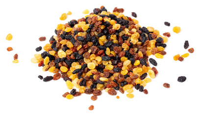 Black and yellow raisins isolated on white background.