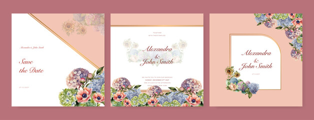 Fototapeta na wymiar colorful floral flower elegant wedding invitation watercolor