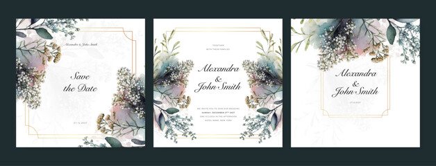 blue lily floral flower vector beautiful gold flowers line art on wedding card template watercolor
