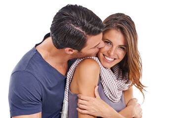 Portrait, kiss or couple hugging for romance in relationship isolated on transparent png...