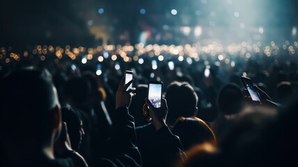 Fototapeta na wymiar A crowd of people at a live event, concert or party holding smartphones. Large audience, crowd, or participants of a live event, in a arena type venue with bright lights above. Generative AI