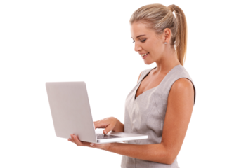 Technology, woman with laptop and isolated against a png transparent background with a smile. Social networking or connectivity, typing or writing and businesswoman with online communication.