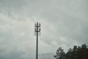 5g tower mast. Telecommunication tower of 4G and 5G cellular. Macro Base Station. 5G radio network telecommunication equipment with radio modules