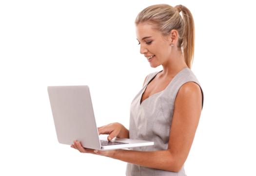 Technology, woman with laptop and isolated against a png transparent background with a smile. Social networking or connectivity, typing or writing and businesswoman with online communication.