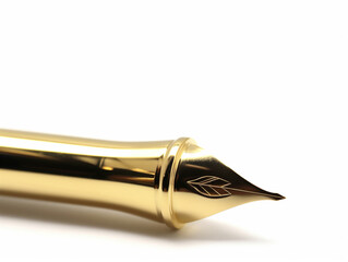 Closeup golden premium fountain pen, on white background