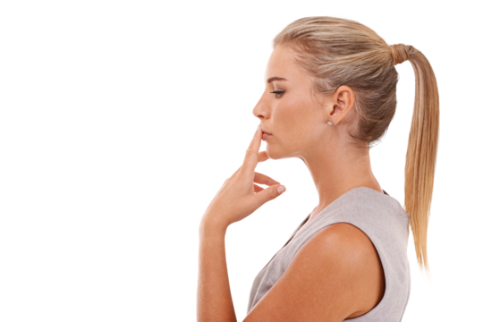 Thinking, profile and business woman with idea, corporate plan or strategy in problem solving decision. Professional vision, silence and model face in doubt isolated on a transparent png background