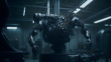 a robot engine in a laboratory.  Image created with Generative AI technology. Generative AI.