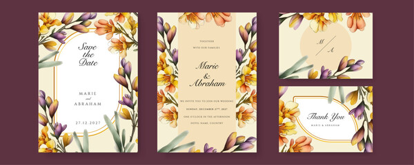 Fototapeta na wymiar orange floral flower beautiful hand drawn wedding invitation card watercolor