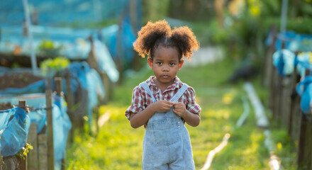 black african afro hair daughter of farmer family standing in green plantation greenhouse at sunset...