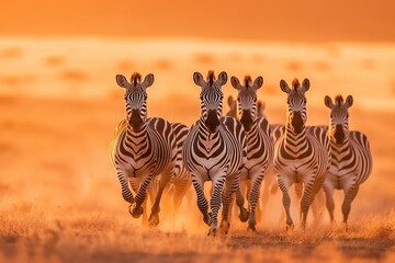 group of zebras running at sunrise, generative ai