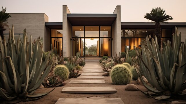  Beautiful minimal house with a cacti garden, generative ai