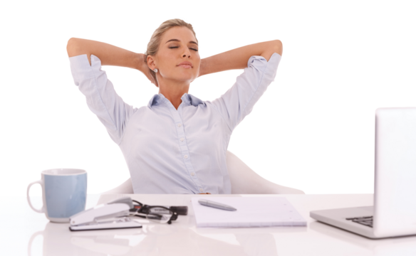 Corporate, working and relax with a business woman isolated on a transparent png background. Female person or employee relaxing on chair with laptop, coffee and hands behind head at office work desk