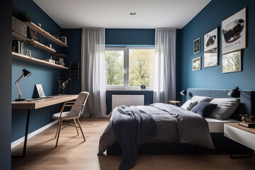 Clean and comfortable bedroom interior in blue tones