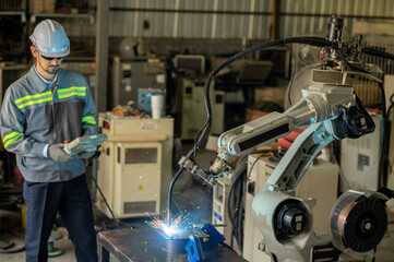 Fototapeta premium Engineer control robot arm machine welding steel, worker using forcing welding control screen which for precision welding control. Worker control automation welding robot in hi tech heavy factory