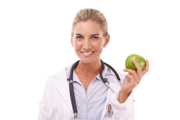 Doctor, portrait and woman with apple for nutrition, wellness and health isolated on a transparent...