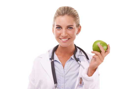 Doctor, portrait and woman with apple for nutrition, wellness and health isolated on a transparent png background. Happy nutritionist, fruit and advice for healthcare, natural diet and healthy food