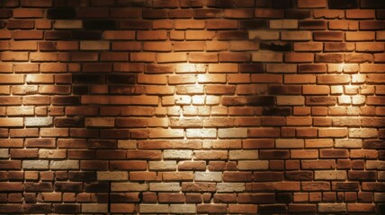 Brickwall texture. Extra wide format. light colored reddish bricks. Top lighted. Generative AI