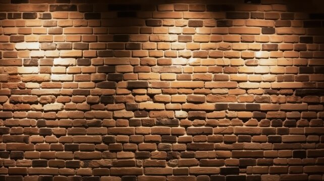 Brickwall texture. Extra wide format. light colored reddish bricks. Top lighted. Generative AI