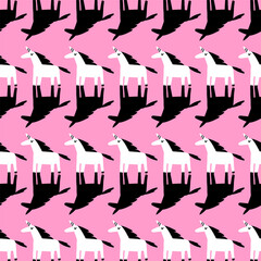 Bright trendy pattern with unicorns. Black and white seamless pattern on pink background