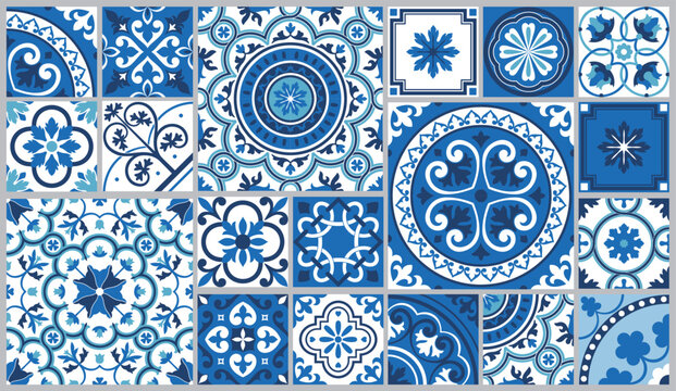 Mediterranean tile abstract geometric floral patterns. Portuguese culture, in blue and white. Vector illustration