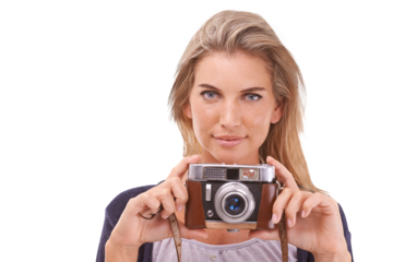 Photographer, woman and portrait in studio with vintage camera for photoshoot or shooting with retro film lens. Photography, picture of a memory and girl on an isolated, transparent or png background