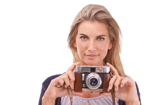 Photographer, woman and portrait in studio with vintage camera for photoshoot or shooting with retro film lens. Photography, picture of a memory and girl on an isolated, transparent or png background