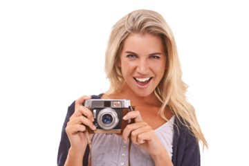 Photographer in studio, portrait and woman with vintage camera for photoshoot or shooting with retro film lens. Photography, picture of a memory and girl on an isolated, transparent or png background