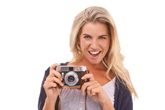 Photographer in studio, portrait and woman with vintage camera for photoshoot or shooting with retro film lens. Photography, picture of a memory and girl on an isolated, transparent or png background