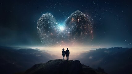 Ethernal love concept , with couple in front of heart shaped Galaxy. Generative AI