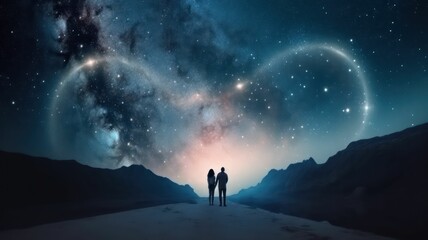 Naklejka na ściany i meble Ethernal love concept , with couple in front of heart shaped Galaxy. Generative AI
