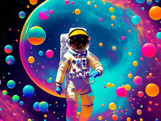 Beautiful painting of an astronaut in in a colorful bubbles galaxy on a different planet. Generative AI.