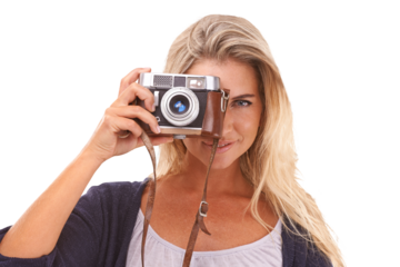 Portrait, photographer and woman in studio, face with a camera for vintage photoshoot or shooting with retro film lens. Photography, picture and girl on an isolated, transparent or png background