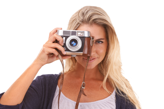 Portrait, photographer and woman in studio, face with a camera for vintage photoshoot or shooting with retro film lens. Photography, picture and girl on an isolated, transparent or png background