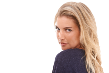 Portrait, face and beauty with a serious woman isolated on a transparent PNG background looking back over shoulder. Head, attitude and watching you with an attractive young female posing in style