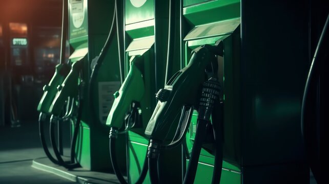 Gasoline inflation. Gas prices going up. Oil pumps at gas station, or petrol station. green pumps in light and shadow. Generative AI