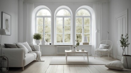 Fototapeta na wymiar Inside a White living room. White living room with a large window, white furniture. Generative AI