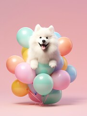 Fototapeta na wymiar Joyful pet birthday: colorful party with fluffy dog floating on balloons puppy among stuffed toys celebrating childhood fun