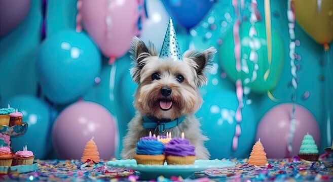 Joyful birthday celebration: pet terrier dog wearing a hat enjoys treats on indoor party table