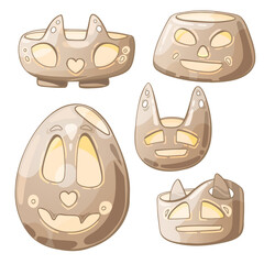 A set of vector illustrations of ceramic candlesticks. Candles in the form of skulls and heads
